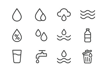 Illustrations of water-related symbols depicting drops, waves, and containers in a minimalist style