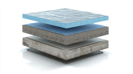 infographic of tiling layers, concrete, thin blue layer and wet mortar, Isolated on pure white. 3d illustration.