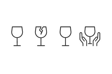 Broken glass repair depicted with icons showing steps for handling damage at home or in workshops