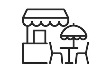Outdoor cafe setup with a small table and chairs under an umbrella in a sunny environment