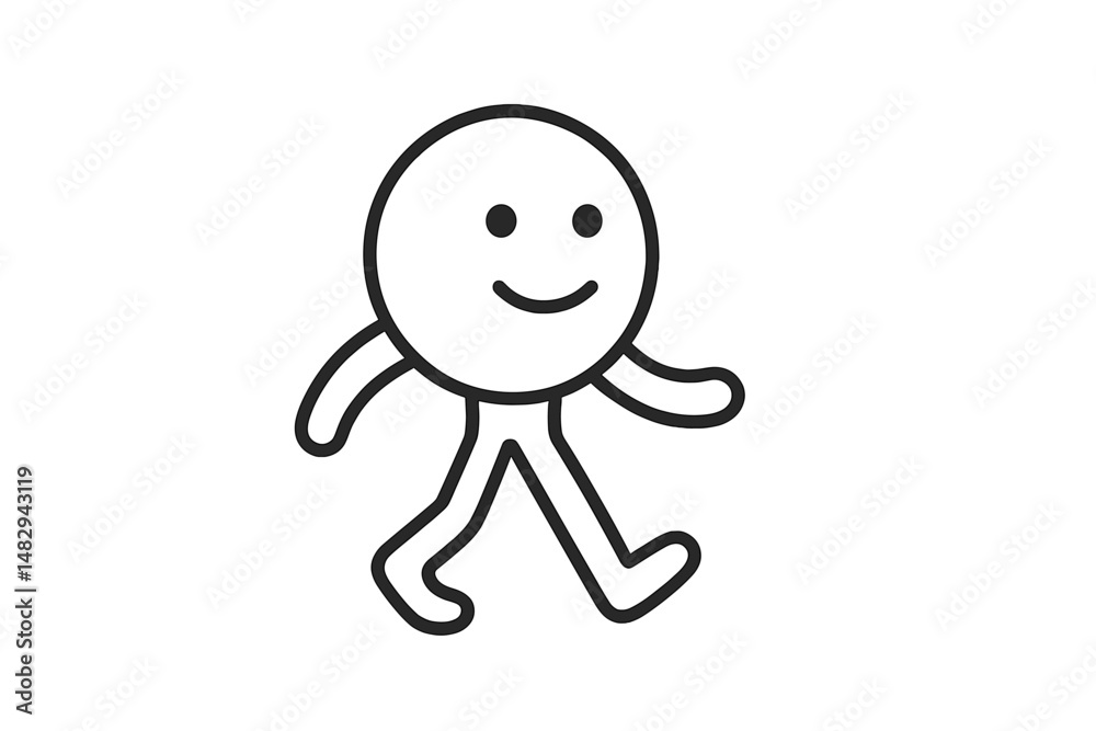 Poster simple line drawing of a smiling figure walking in a playful style representing joy and movement