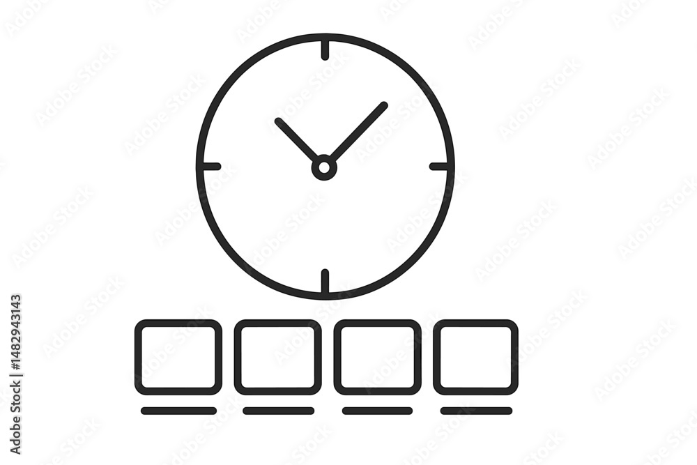 Poster clock displaying time above a row of computer screens in a modern workspace