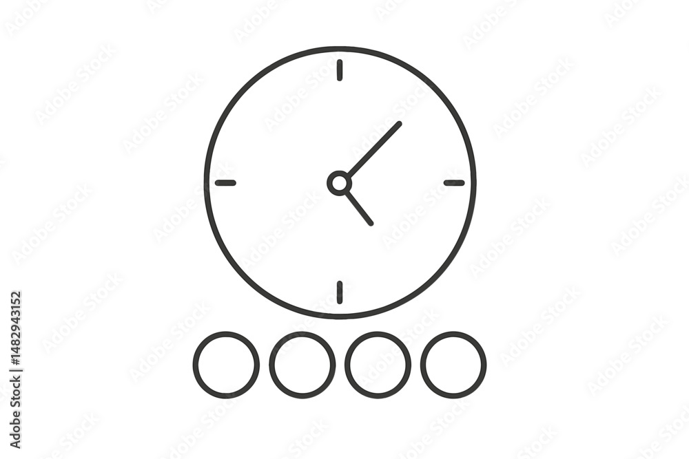Poster clock with simple design showing hands at three o'clock and four small circles below it representing