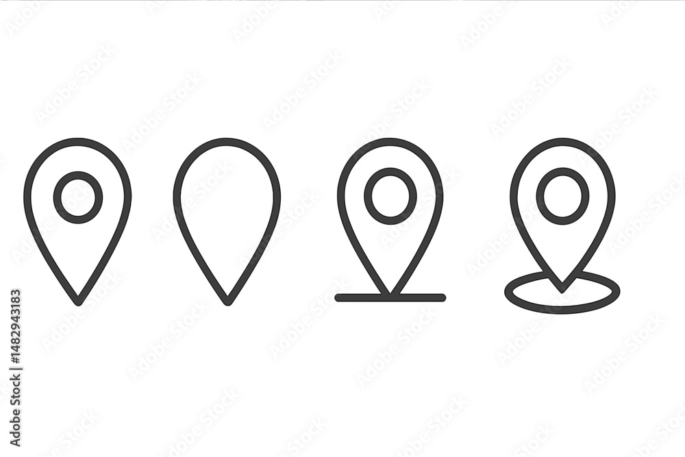 Poster collection of location pins in different styles against a white background used for mapping and navi