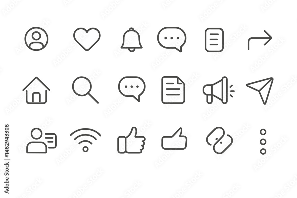 Poster assorted outline icons representing various digital communication functions and activities