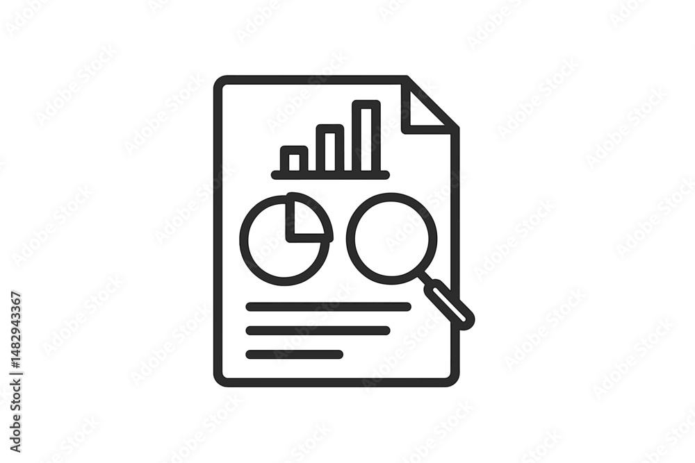Poster business report with graphs and charts presented on a document with a magnifying glass for analysis 