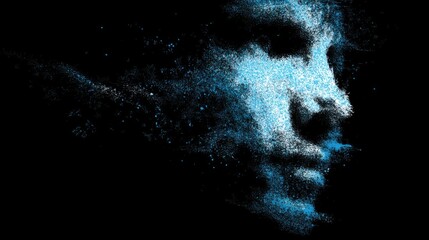 Conceptual face illustration with pixel dust particles against a dark background evokes digital identity and technological disintegration