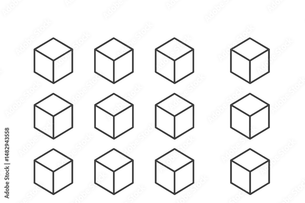 Poster arrangement of empty cubes on a white background showing a structured pattern in a grid layout