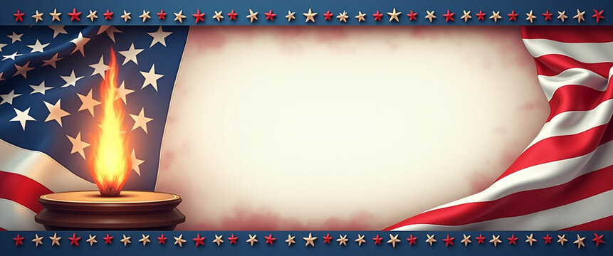 Memorial Day Frame with Patriotic Stripes and Eternal Flame - Space for Inspirational Text - Perfect for Honoring Heroes and Celebrating Freedom - Photo Stock Concept