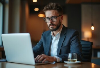 Businessman in suit and glasses working on laptop at desk