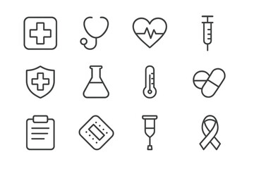 Health and wellness symbols representing medical care, diagnostics, and support for various health conditions