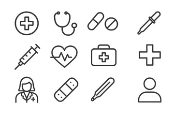 Health and medical related icons depicting various tools and symbols used in healthcare and patient care settings