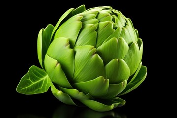 Obraz premium Close-up of a fresh organic green artichoke with a natural glossy finish on its leaves, showing rich green tones
