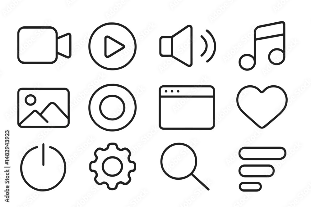 Poster collection of simple icons representing multimedia functions and user interface elements for digital