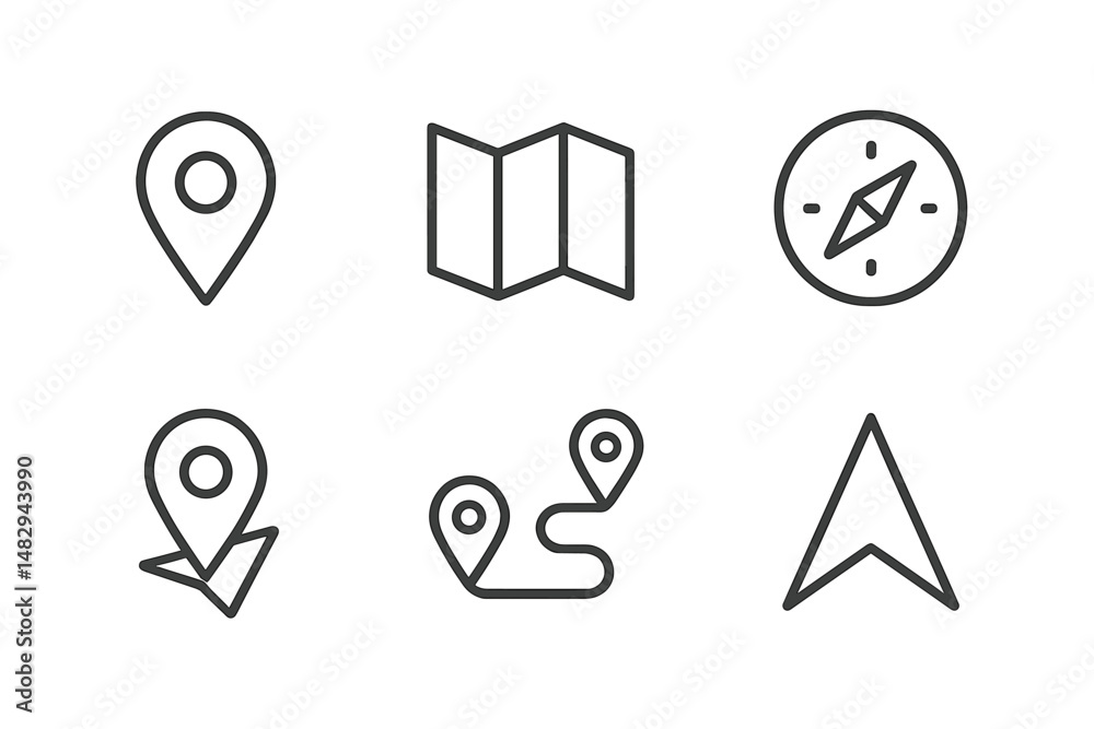 Poster map icons and navigation symbols depicting location tracking and direction finding activities in dig