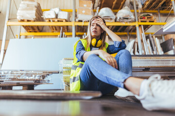Stressed Construction Worker Resting in Warehouse with High Visibility Safety Gear