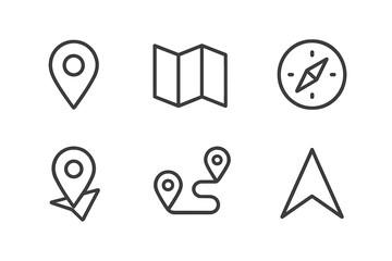 Map icons and navigation symbols depicting location tracking and direction finding activities in digital interface