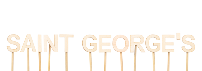Saint George's, capital of Grenada, written with small wooden letters on white background, graphic resource with geographical concept