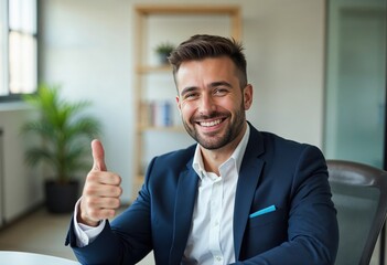 Happy businessman in suit showing thumbs up gesture