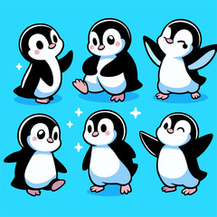 Naklejka premium Cute Cartoon Baby Penguins Vector Set A charming vector illustration set featuring six adorable baby penguins in various cute poses and expressions. 