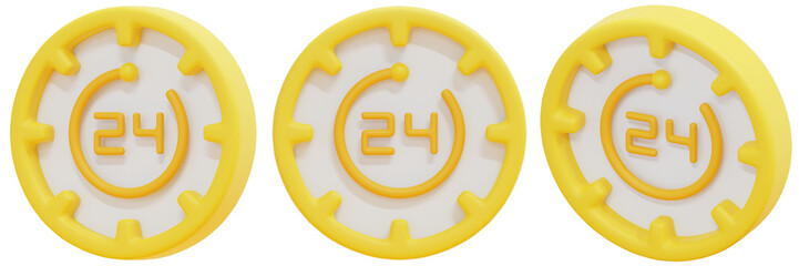Set of 3D Yellow Circular Icons with Number 24 and Clock Symbol 3d Render Icon Illustration