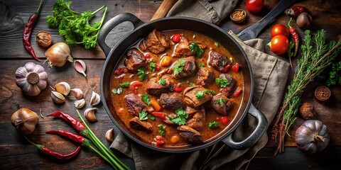 Delicious Chicken Gizzard Stew in Cast Iron Pot - Top View