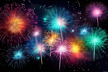 Naklejka premium Multi-colored fireworks blast with radiant sparks and starbursts, filling the space with dynamic movement