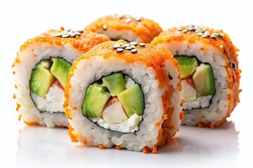 Delicious California Rolls Isolated on White Background - Japanese Cuisine Stock Photo