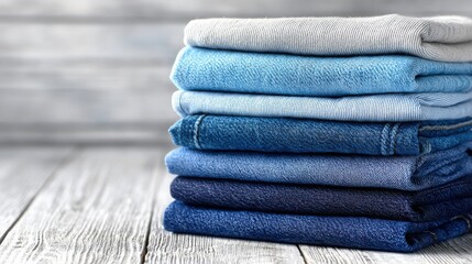 Neatly folded stack of blue and gray denim jeans on a wooden surface, showcasing various shades and textures.