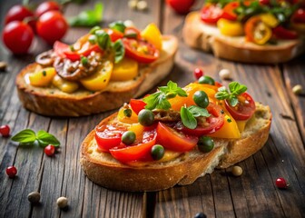 Delicious Bruschetta: Overhead View of Toasted Bread with Tomatoes, Peppers & Capers on Rustic Wood