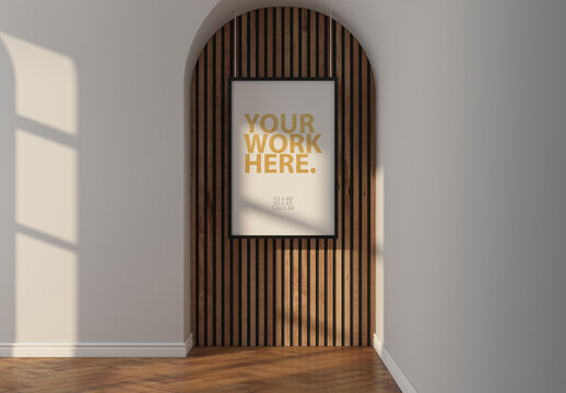 Vertical poster Frame Mockup hanging on metal ropes in arch with wooden wall