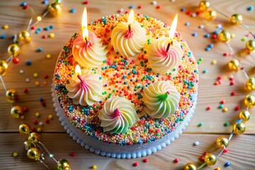 Delicious Birthday Cake Top View, Festive Candles & Sprinkles