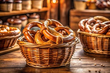 Delicious Bavarian Pretzels in Rustic Baskets at a Bakery - Stock Photo