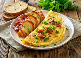 Delicious Bacon and Omelette Breakfast on White Plate with Crusty Bread
