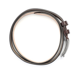 One brown leather belt isolated on white, top view