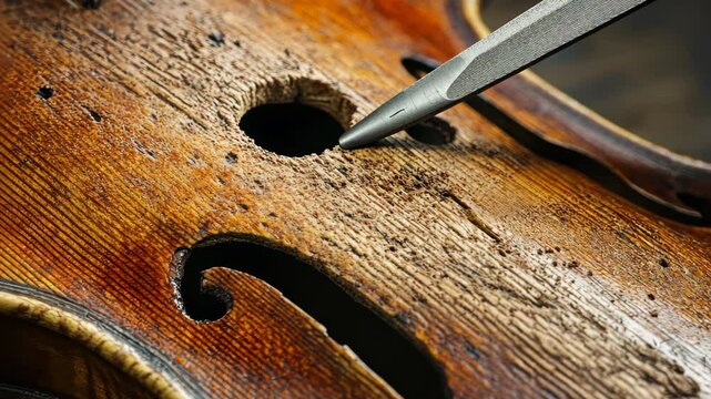 Crafting a violin: closeup of precision carving on wooden surface
