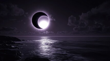 A striking image of a solar eclipse, showcasing a dark circular silhouette of the moon partially covering the bright disk of the sun.