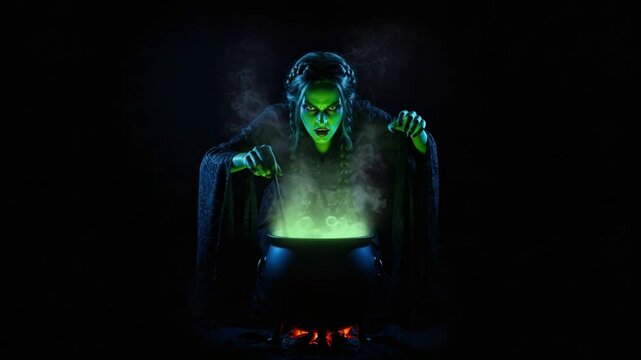 Cauldron brew with a figure in costume stirring a glowing green potion