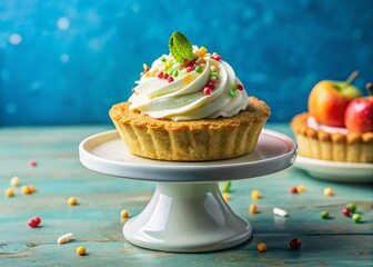 Delicious Apple Tartlet with Cream Topping on White Cake Stand - Drone Aerial View
