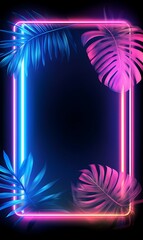 Bright glowing neon rectangle with tropical monstera and palm leaves beautifully accenting its frame