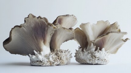 Three fresh shiitake mushrooms are displayed against a white background.