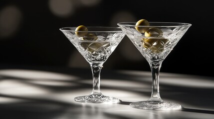 A close-up of a martini glass filled with clear liquid, featuring three green olives garnished with a toothpick.
