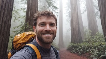 A tranquil forest scene featuring towering redwoods surrounded by lush greenery.