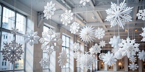 Delicate White Paper Snowflakes: Festive Winter Crafts for Holiday Decorations