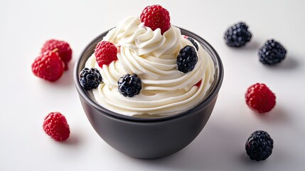 A tall glass filled with creamy vanilla ice cream topped with a rich, dark berry sauce and fresh blackberries.