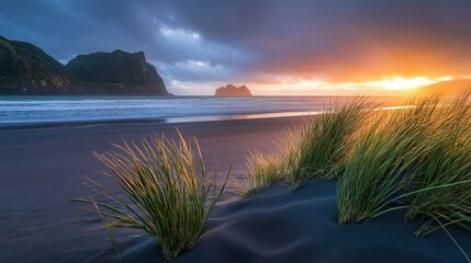 A serene beach scene at sunset, featuring gentle waves lapping against the shore.
