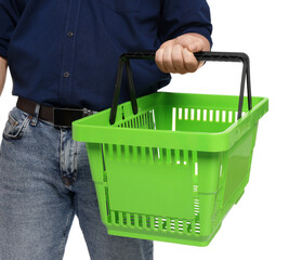 Fototapeta premium Man with empty shopping basket on white background, closeup