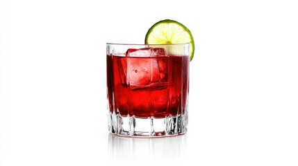 A short cocktail glass filled with vibrant red liquid and ice cubes, garnished with a lime wedge.