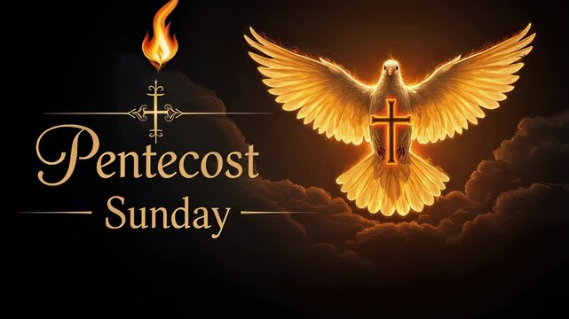 Glowing dove with cross symbol and pentecost sunday text, religious symbol of the holy spirit for christianity. Fiery tongues