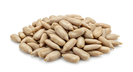 Close Up Pile Of De Shelled Beige Sunflower Seeds On A White Background In Bright Studio Lighting
